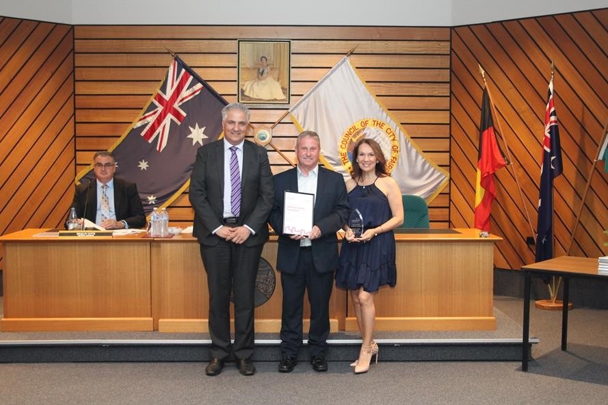 Group photo of Mayor Frank Carbone, Michael Spillane and Ingrid Spillane. Recipients of the Fairfield City Lifetime Business Award 2023 