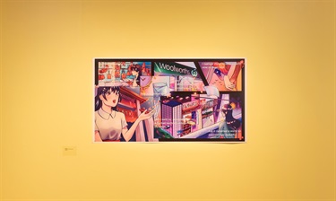 manga or anime style artwork displayed against bright yellow wall