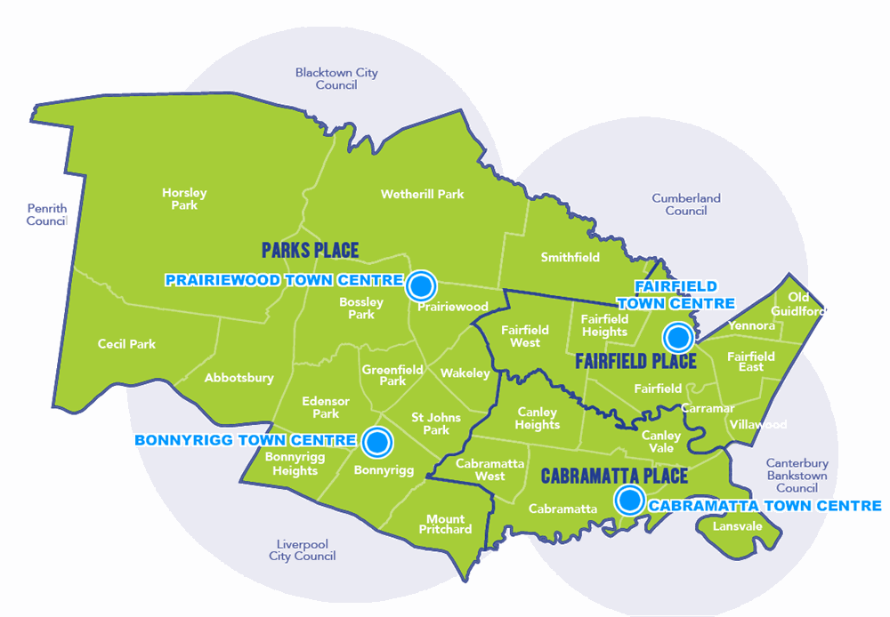 Map of Fairfield Local Government Area divided into suburbs