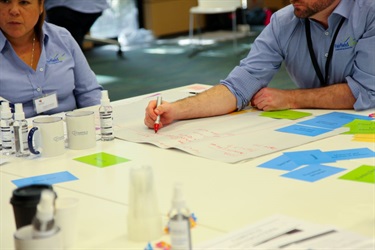 Fairfield City Council staff member using a marker on a large sheet of paper to record important notes during a Fairfield Conversations summit group activity