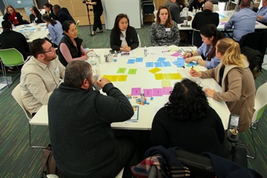 Table of people working together on a group activity at the Fairfield Conversations summit