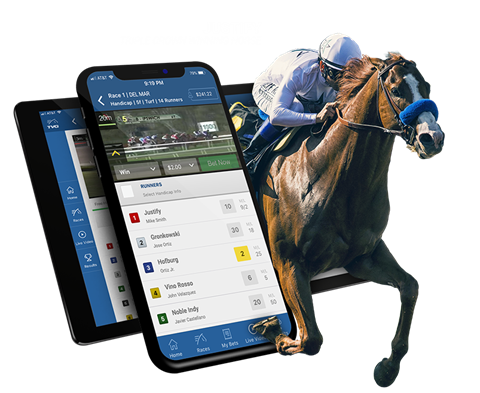 Racing horse coming out of mobile tablet screen which is also displaying an online gambling app
