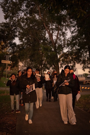Group of women walking down a street in Canley Vale at dusk