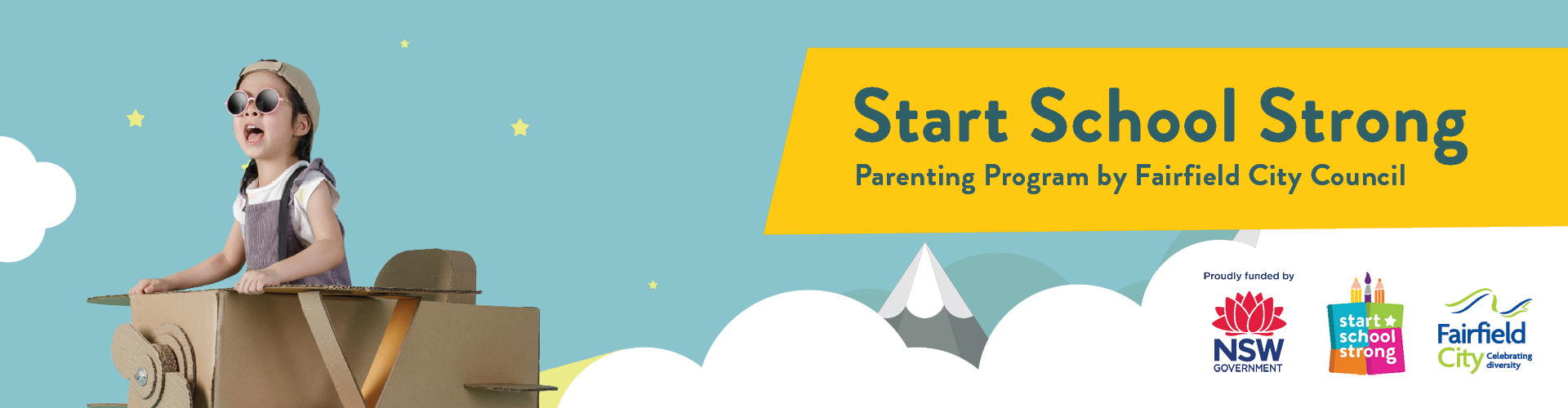 Start School Strong Parenting Program by Fairfield City Council featuring a young girl in a cardboard airplane flying amongst cartoon clouds and mountains