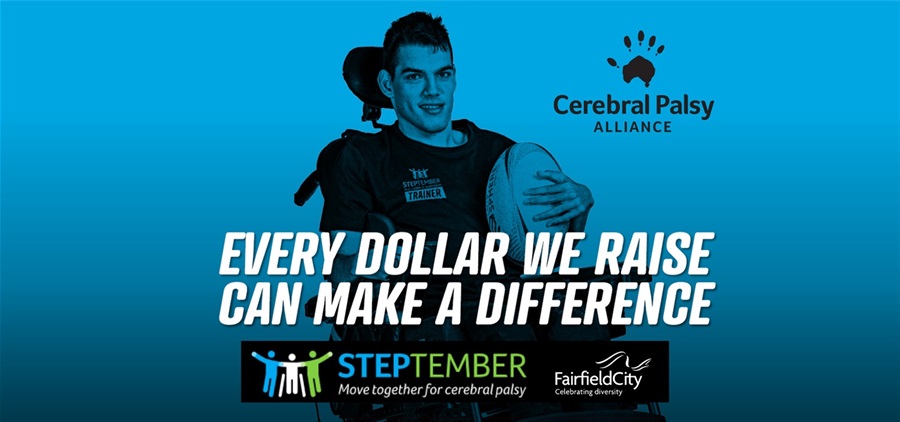 Every dollar we raise can make a difference - STEPtember - Move together for Cerebral Palsy web banner featuring a blue washed image of a man in a wheel chair, holding a rugby ball and smiling at the camera