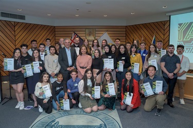 All Youth Achievement Award 2021 nominees posing together in the Council Chambers