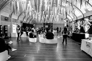 Black and white image of the interior of Bonnyrigg Youth Centre. Photographed by Billy Ly
