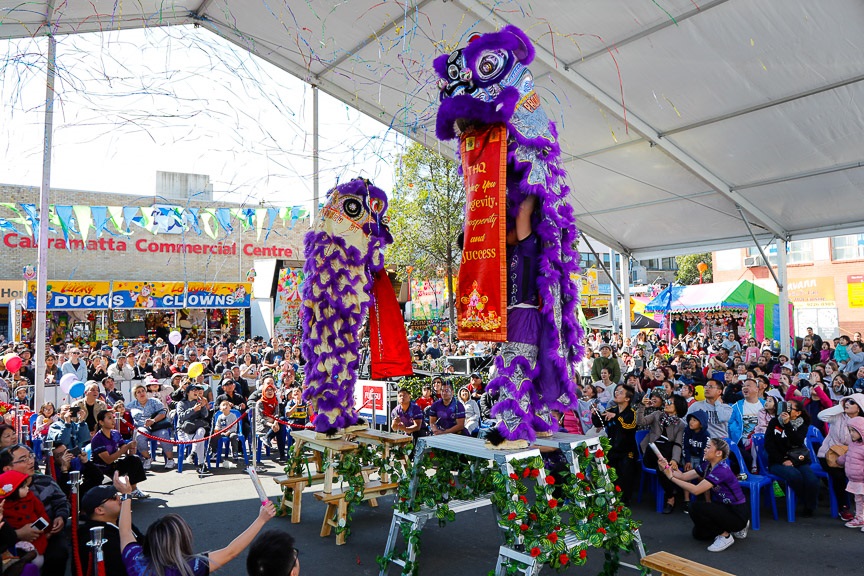 Crowd of guests watching lion dancers wearing purple costumes standing on benches and showing red banner