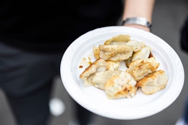 hand holding plate with dumplings