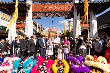 Minister for Multiculturalism Mark Coure, Mayor Frank Carbone, Premier Dominic Perrottet with family and Deputy Mayor Dai Le