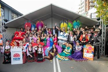 Fairfield City Council’s Culinary Carnival Cultural group photo featuring Mayor of Fairfield City Frank Carbone, Member Elect for the seat of Fowler, Deputy Mayor Dai Le, Councillor’s and some of the cultural performers that performed on the day.