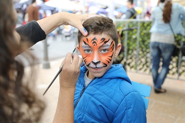 Face painter painting tiger design on young boy's face