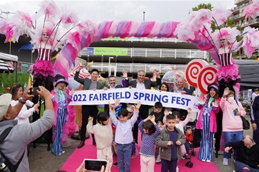 Mayor of Fairfield and Councillors ribbon cutting in the candyland precinct at Fairfield Spring Fest 2022