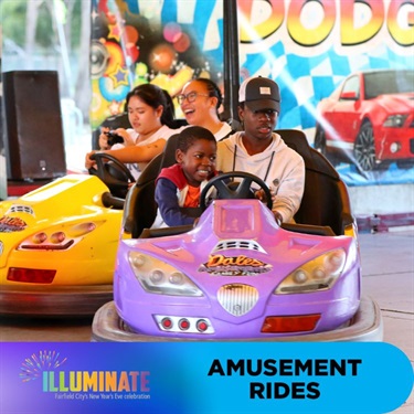 People on dodgem cars ride, text reads 'amusement rides'