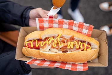 Hand holding hot dog
