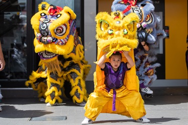 Young boy in golden lion dancing costume performing alongside yellow and grey lion puppets