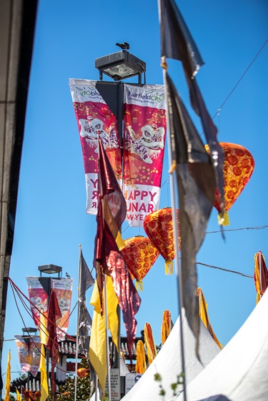 Decorations Lunar New Year Banner, red lanterns and flags hung up around Cabramatta