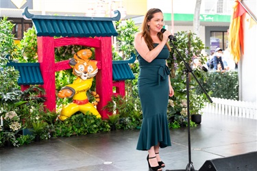 Singer in a green dress singing the national anthem on stage