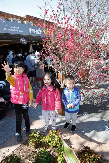 Three young children smiling in front of pink blossom tree