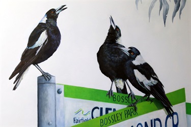 Painting of magpies sitting on a street sign