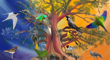 digital artwork of endangered birds sitting on a tree