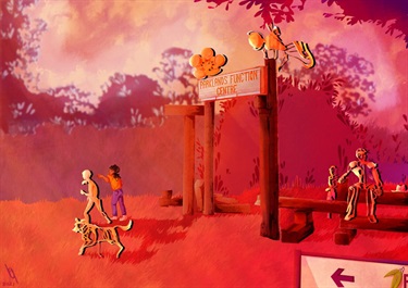 painting of red hues and children at a park