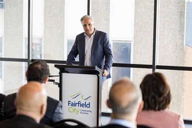 Mayor Frank Carbone making a speech in the Alan Young room