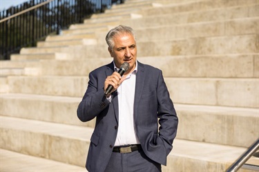 Mayor Frank Carbone making a speech at the Fairfield Showground Pavilion