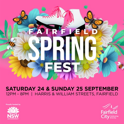 Fairfield Spring Festival promotional tile with flowers and roller skates