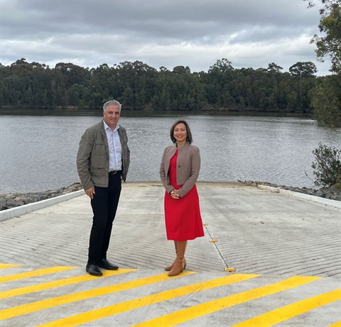 Mayor Frank Carbone and Deputy Mayor Dai Le standing on the new Floyd Bay boat ramp