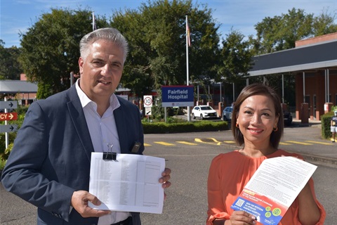 Mayor Frank Carbone with MP Dai Le in front of Fairfield Hospital petitioning for more funding and upgrades