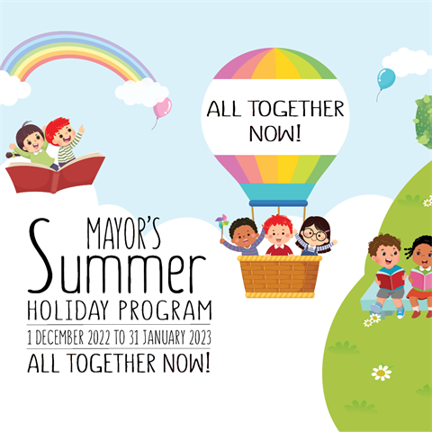 Mayor's Summer Holiday Program tile with a hot air balloon and children sitting on a hill reading - 1 December 2022 to 31 January 2023 - All Together Now!