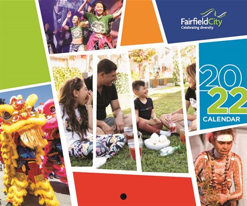2022 Fairfield City Calendar cover featuring a collage of people and events from the Fairfield LGA