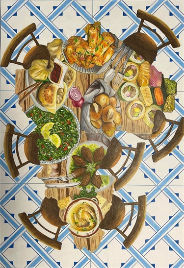 painting of a dinner table with meals from different cultures