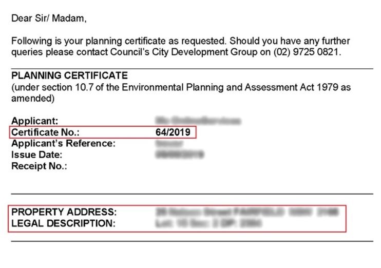 Sample of the Section 10.7 (2) & (5) Planning Certificate. The contents are described below.