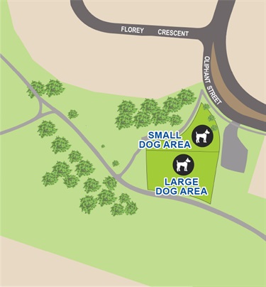 A map showing the Dog Off-Leash Park is located off Oliphant Street, near Florey Crescent. There are designated areas for small and large dogs