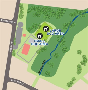 A map showing the Dog Off-Leash Area is located off Gloucester Street, near Wilson Road.
