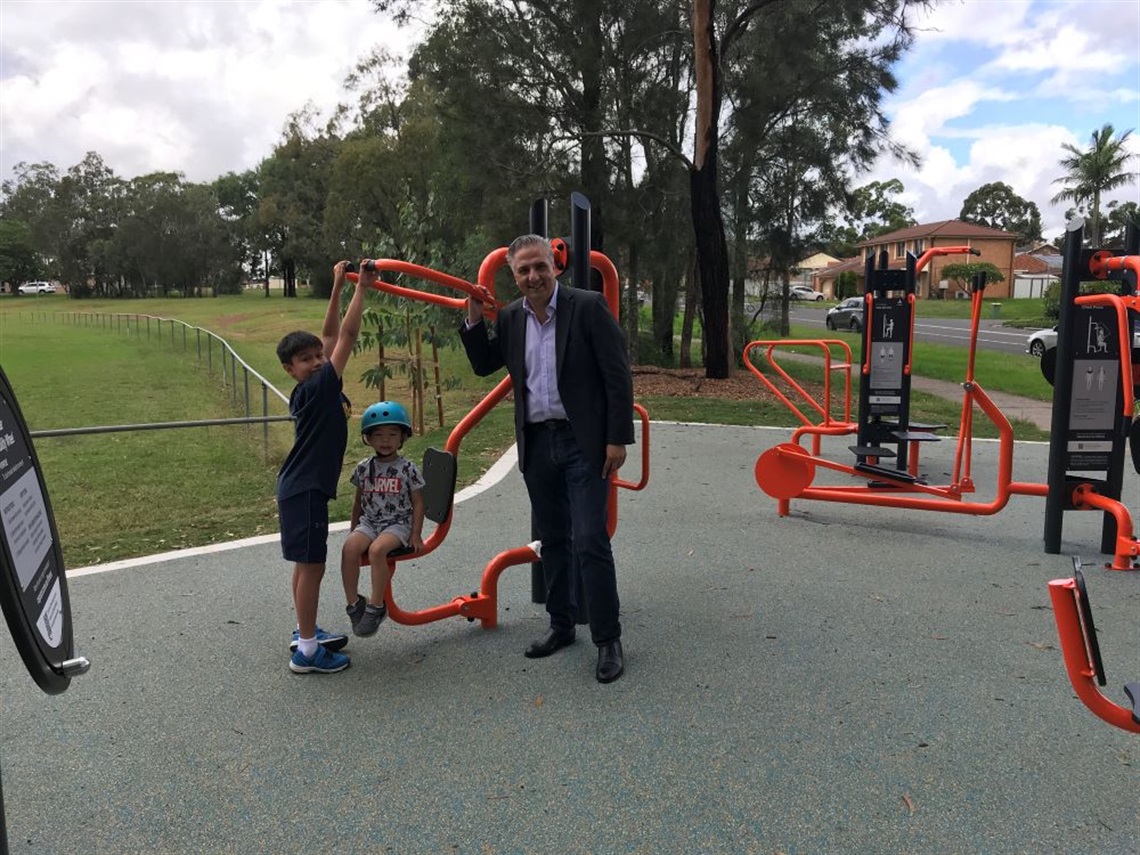 Mayor Carbone with park play equipment at Allambie Park