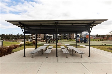 Shaded areas with tables and benches