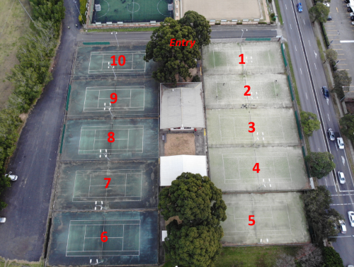 Aerial photograph showing arrangement of 10 tennis courts