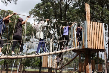 Group of people crossing treetop bridge in obstacle course