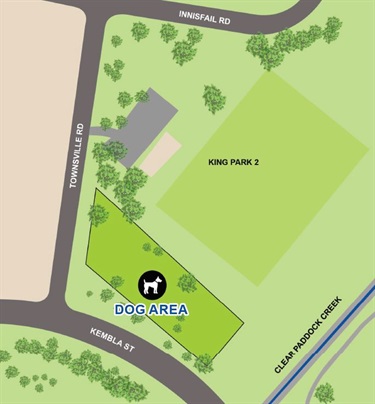 A map showing King Park 2 is located off Townsville Road, near Innisfail Road. The Dog Off Leash Park is located, next to King Park 2, off Townsville Road, near Kembla Street.