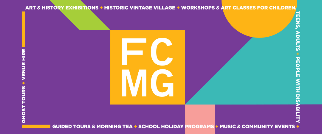 Purple banner with colourful geometric shapes and the FCMG logo in the middle