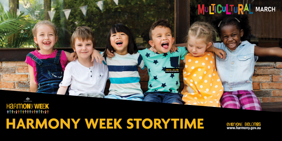 Harmony Week Storytime banner featuring a bunch of interlinked children of all different cultural backgrounds