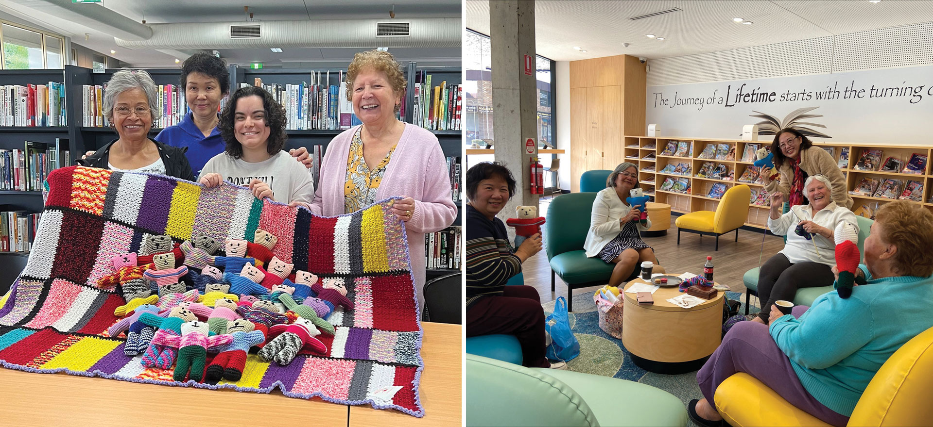Two group photos of female crochet and knitting volunteers holding trauma teddies and colourful crochet quilt