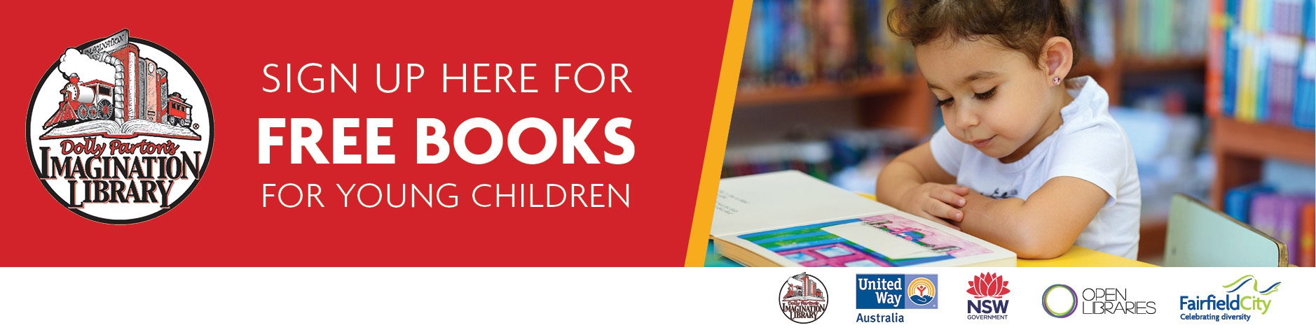 Child reading a book. Text reads sign up here for free books for young children