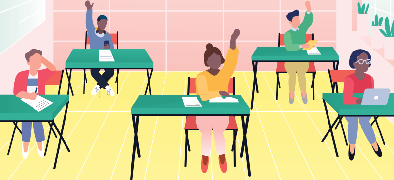illustration of students at their desks in a classroom