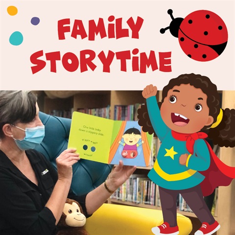 Woman reading a board book during storytime text reads family storytime