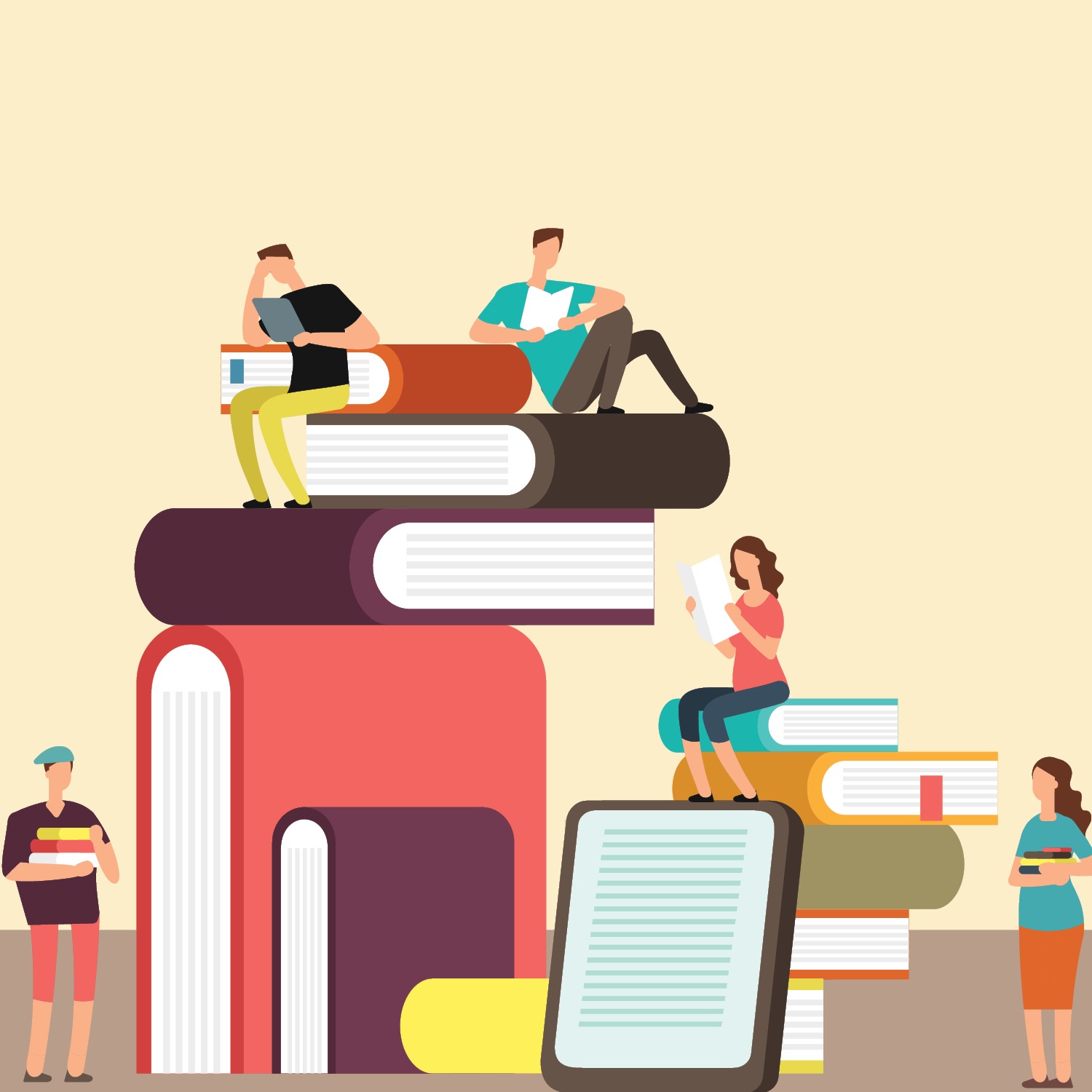 Illustration of five different people reading books in a fictional book world