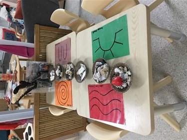 Different coloured paper marked with Aboriginal symbols and small bowls of white shells sitting on a table